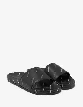 Black Leather All-Over Logo Slide Sandals