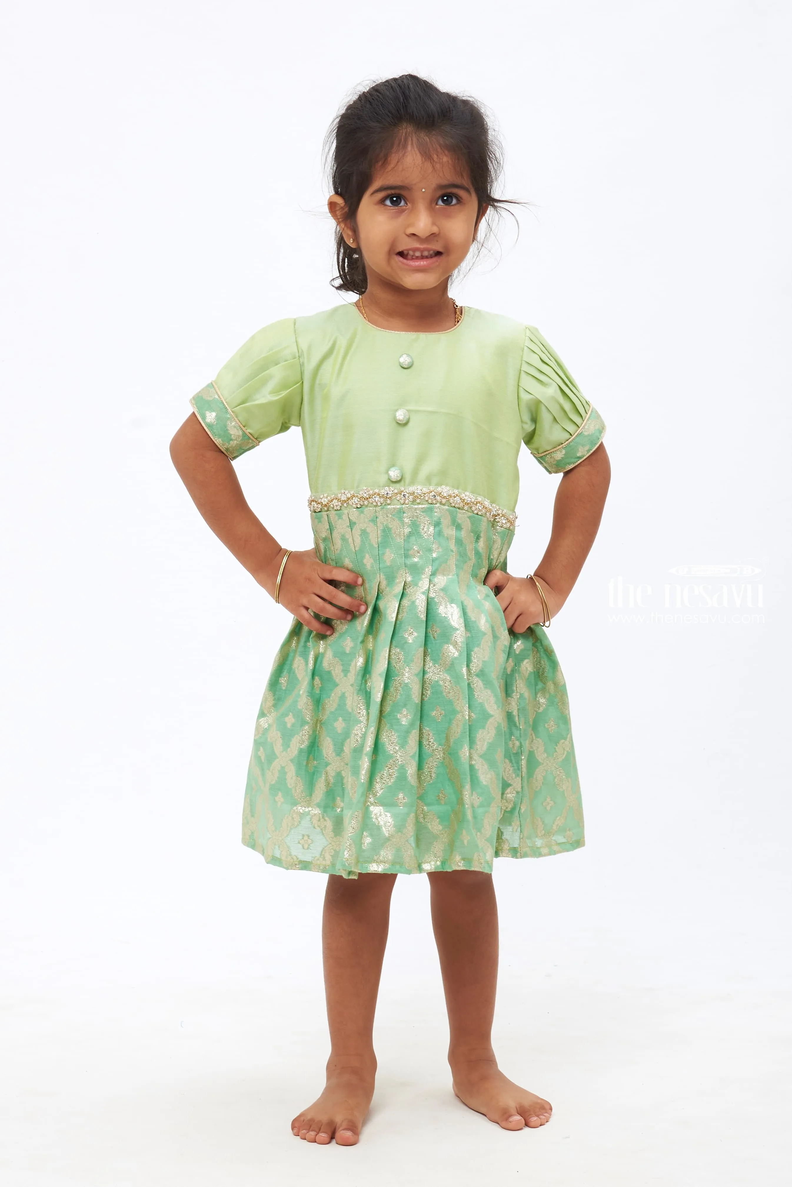 Enchanted Emerald Ensemble: Stone & Bead Adornments Silk Frock for Girls