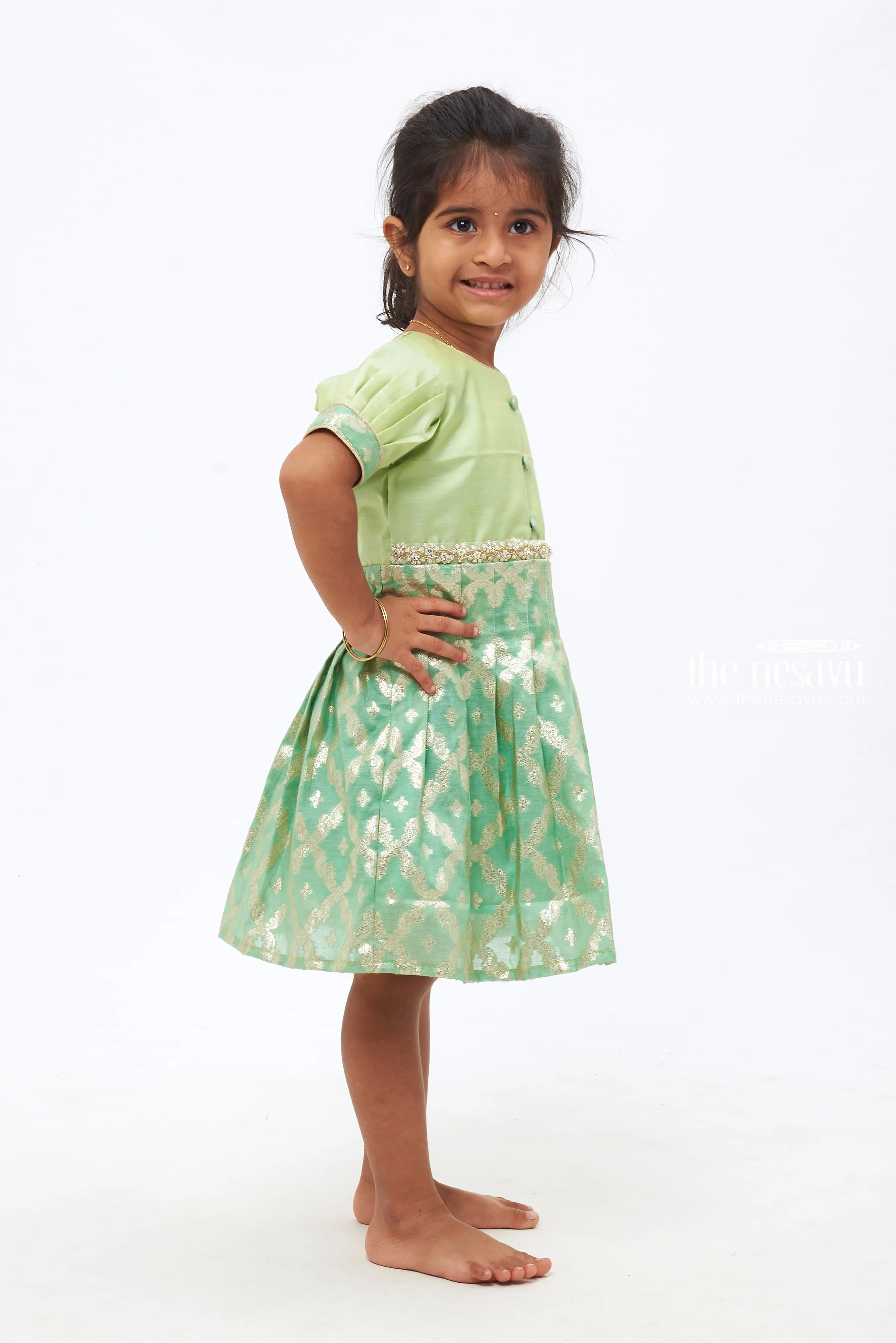 Enchanted Emerald Ensemble: Stone & Bead Adornments Silk Frock for Girls