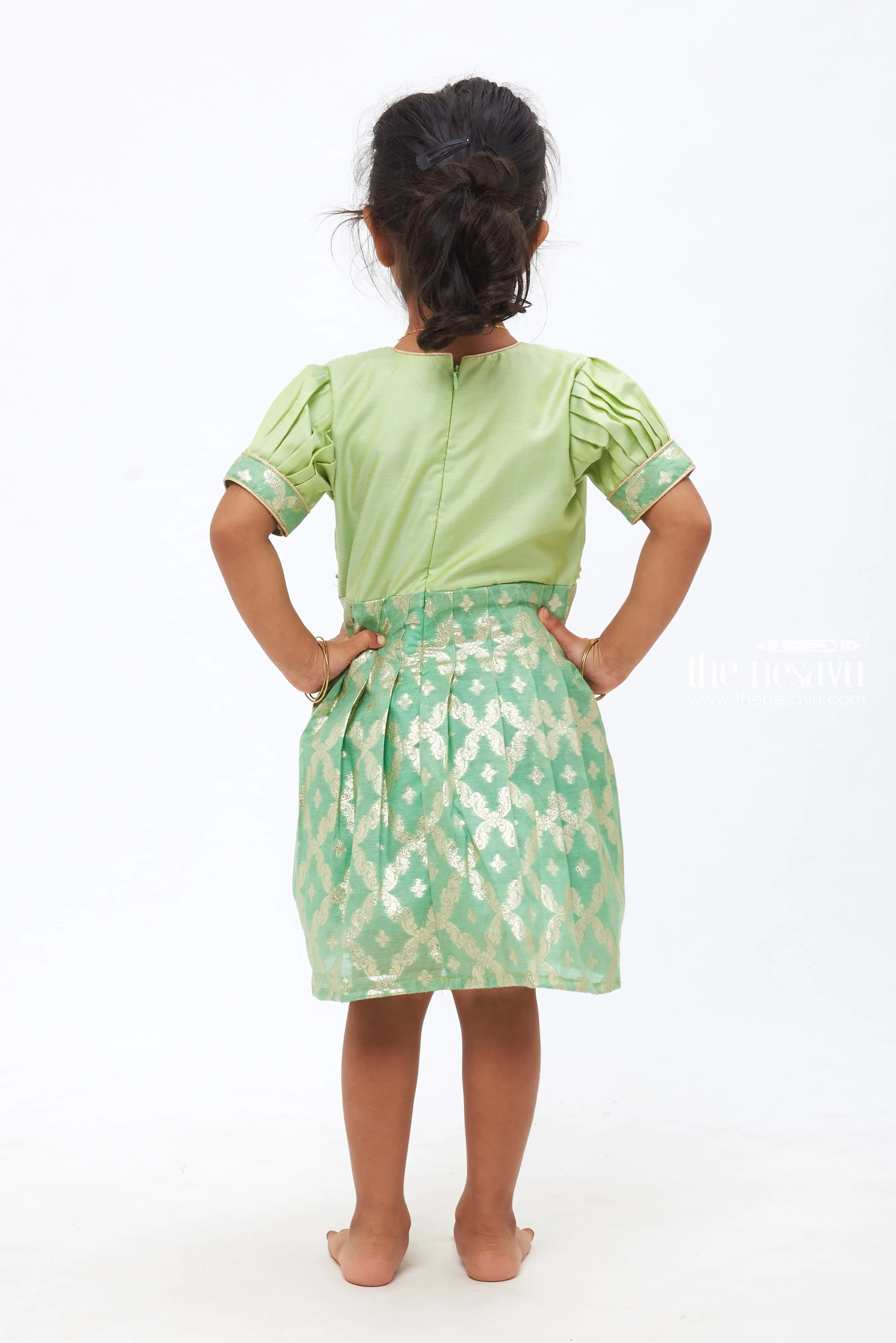 Enchanted Emerald Ensemble: Stone & Bead Adornments Silk Frock for Girls