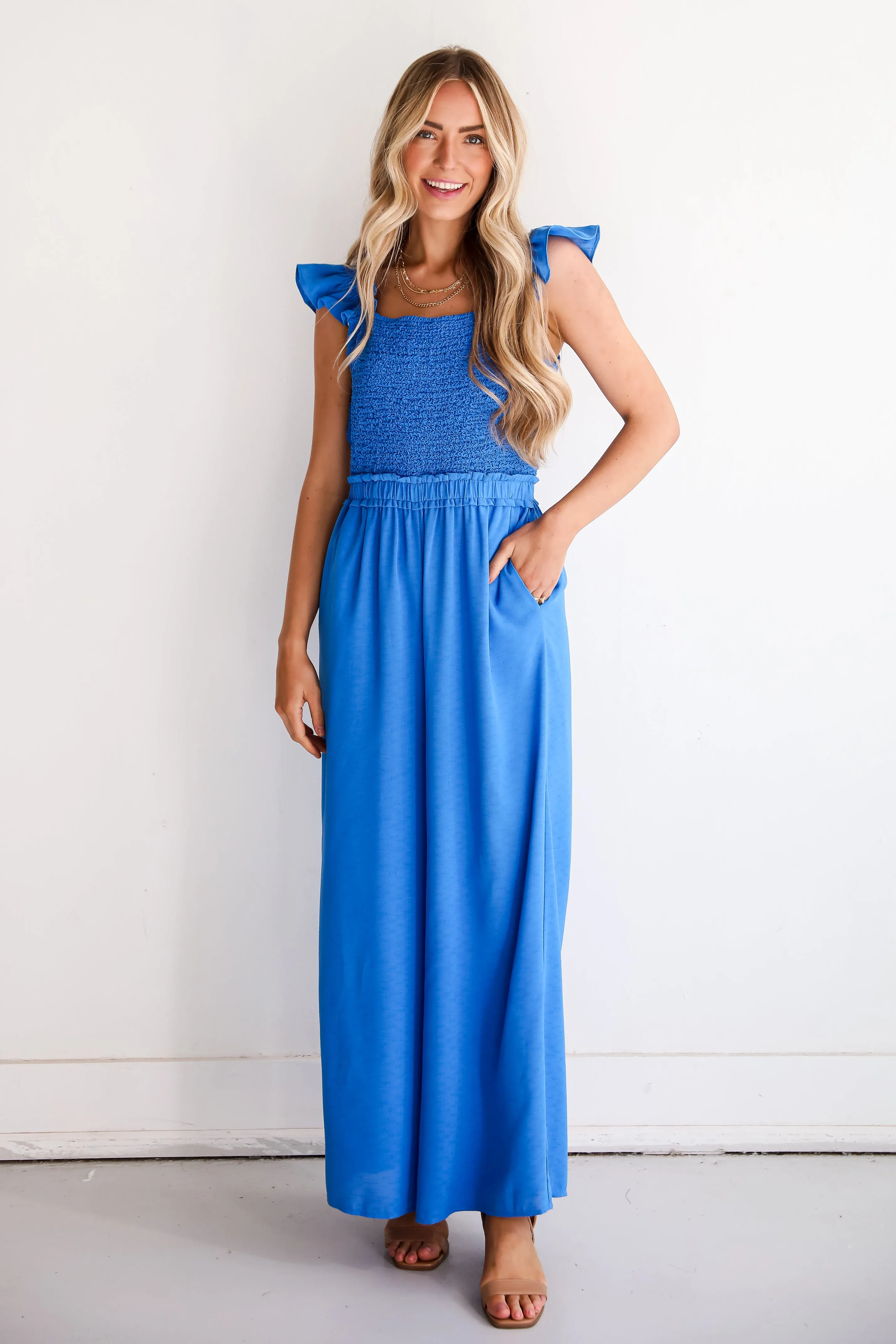 FINAL SALE - Alluring Sweetheart Blue Smocked Jumpsuit