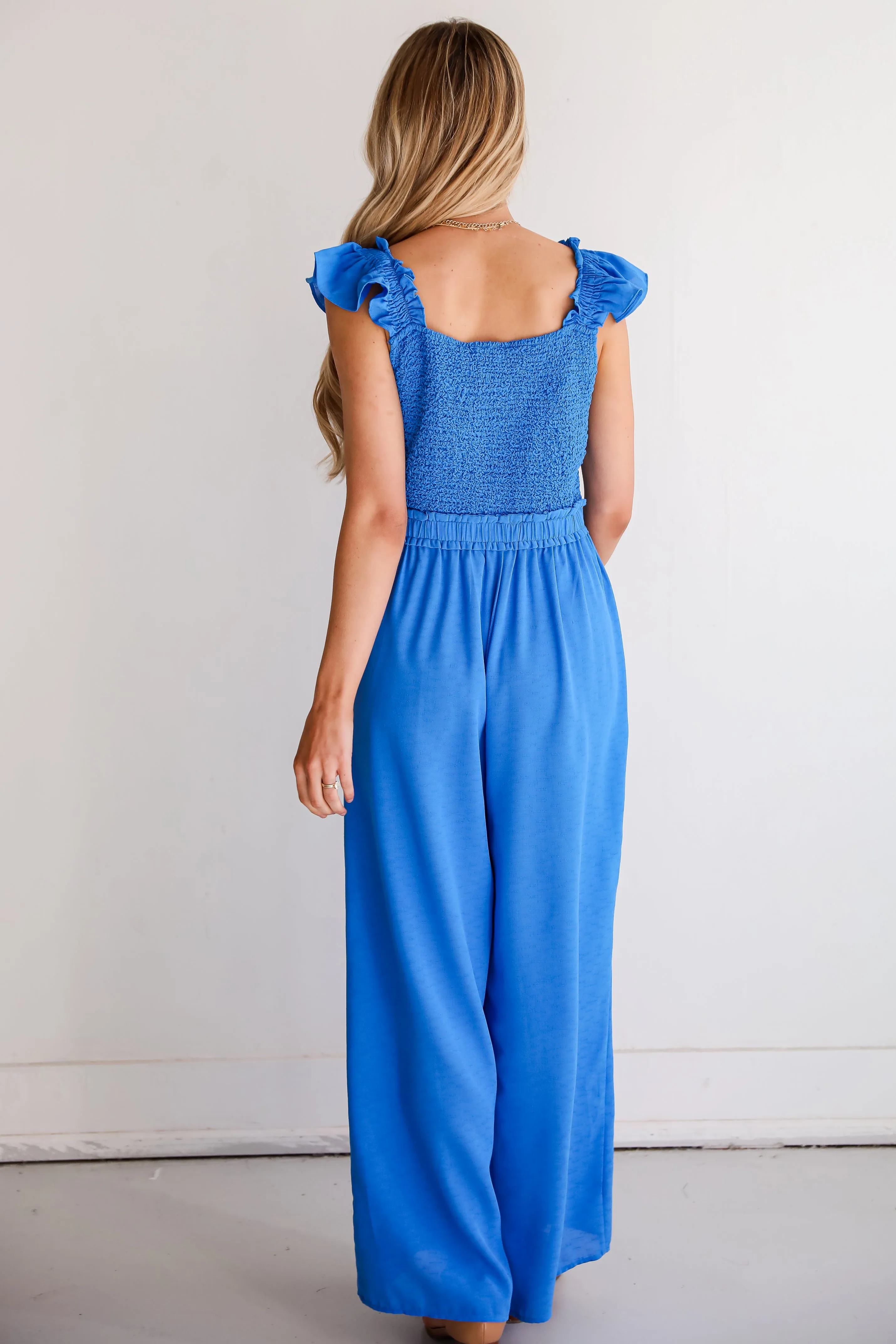 FINAL SALE - Alluring Sweetheart Blue Smocked Jumpsuit