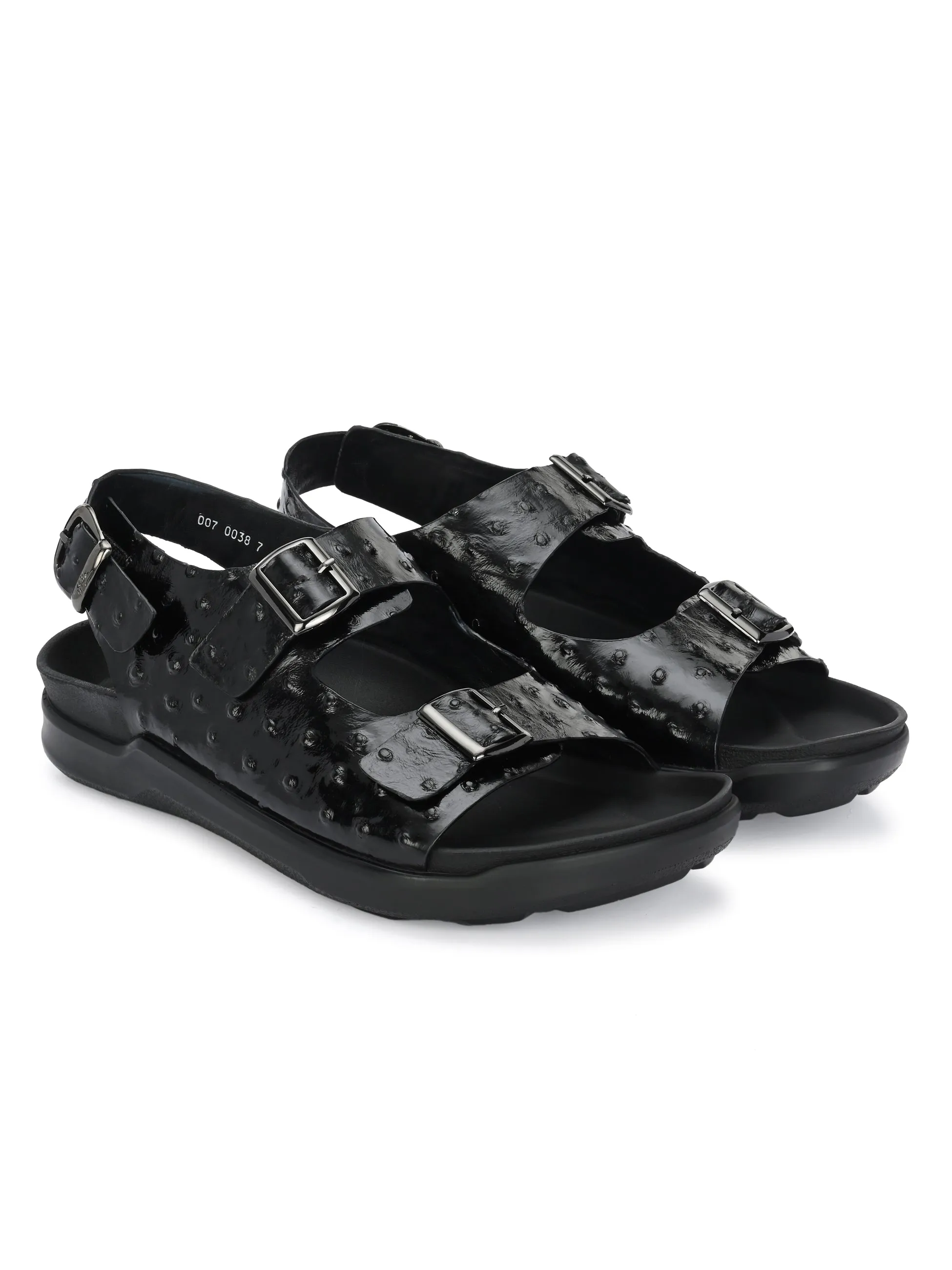 Hitz Men's Black Leather Casual Buckle Sandals