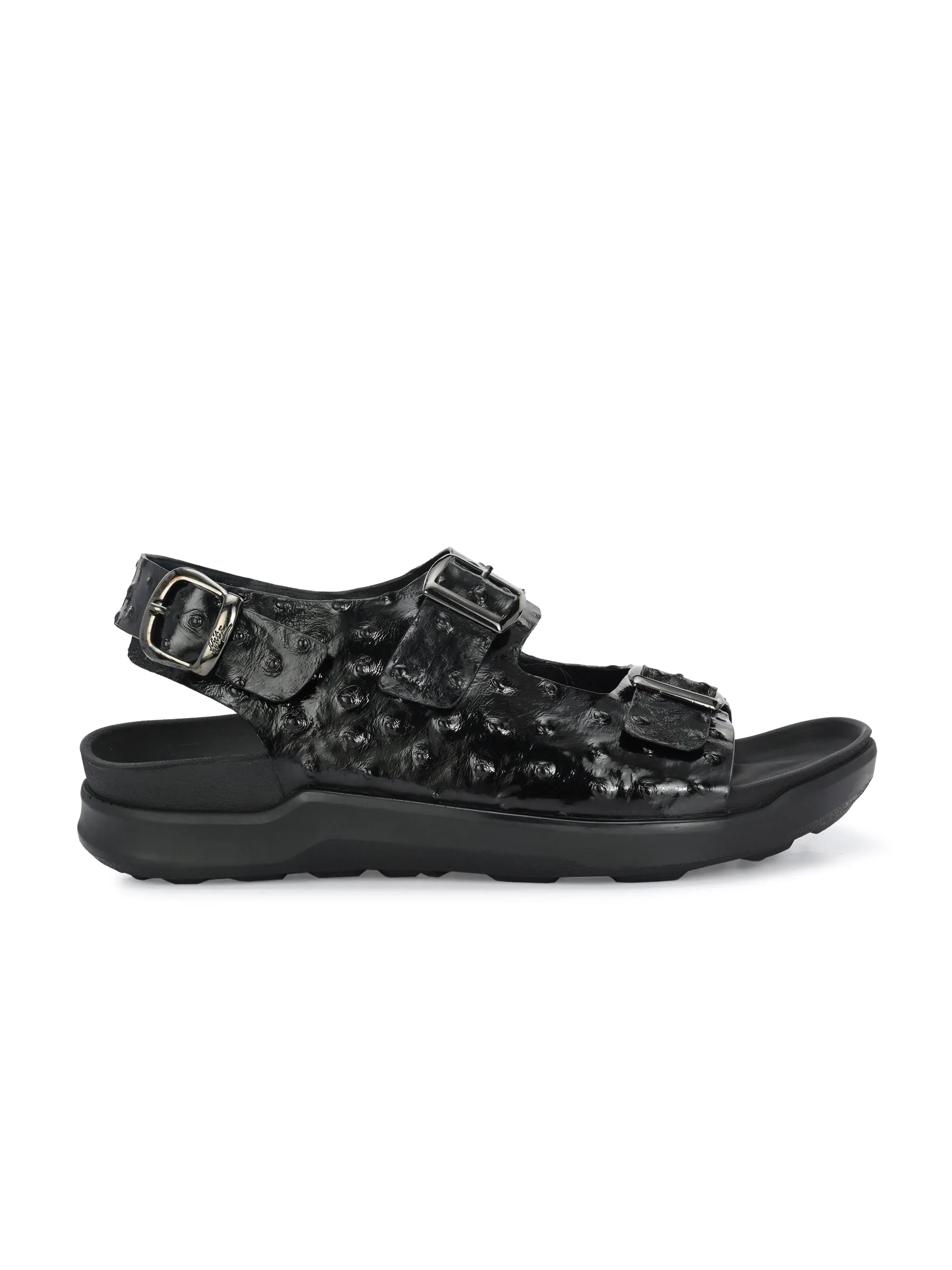 Hitz Men's Black Leather Casual Buckle Sandals