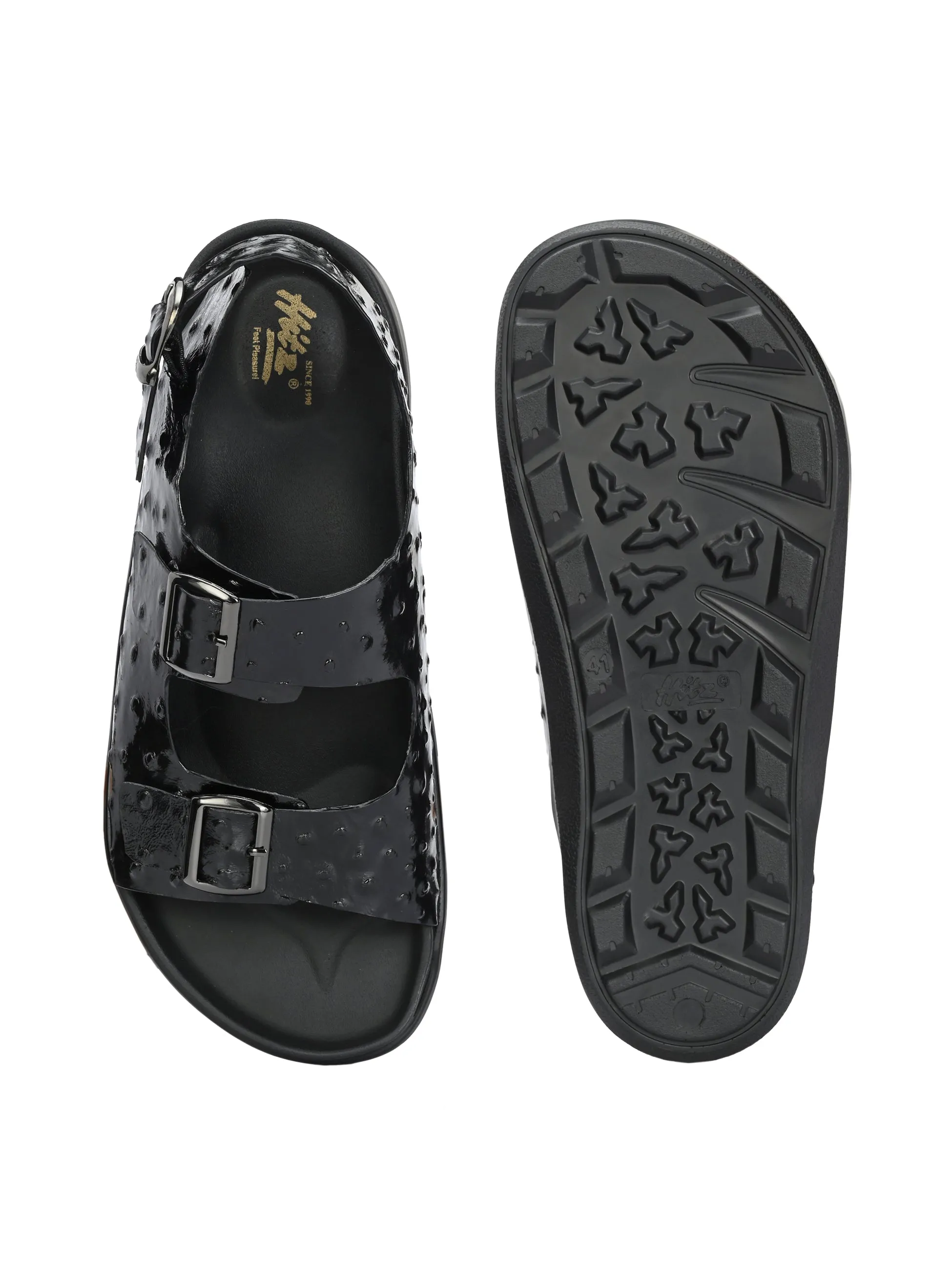 Hitz Men's Black Leather Casual Buckle Sandals