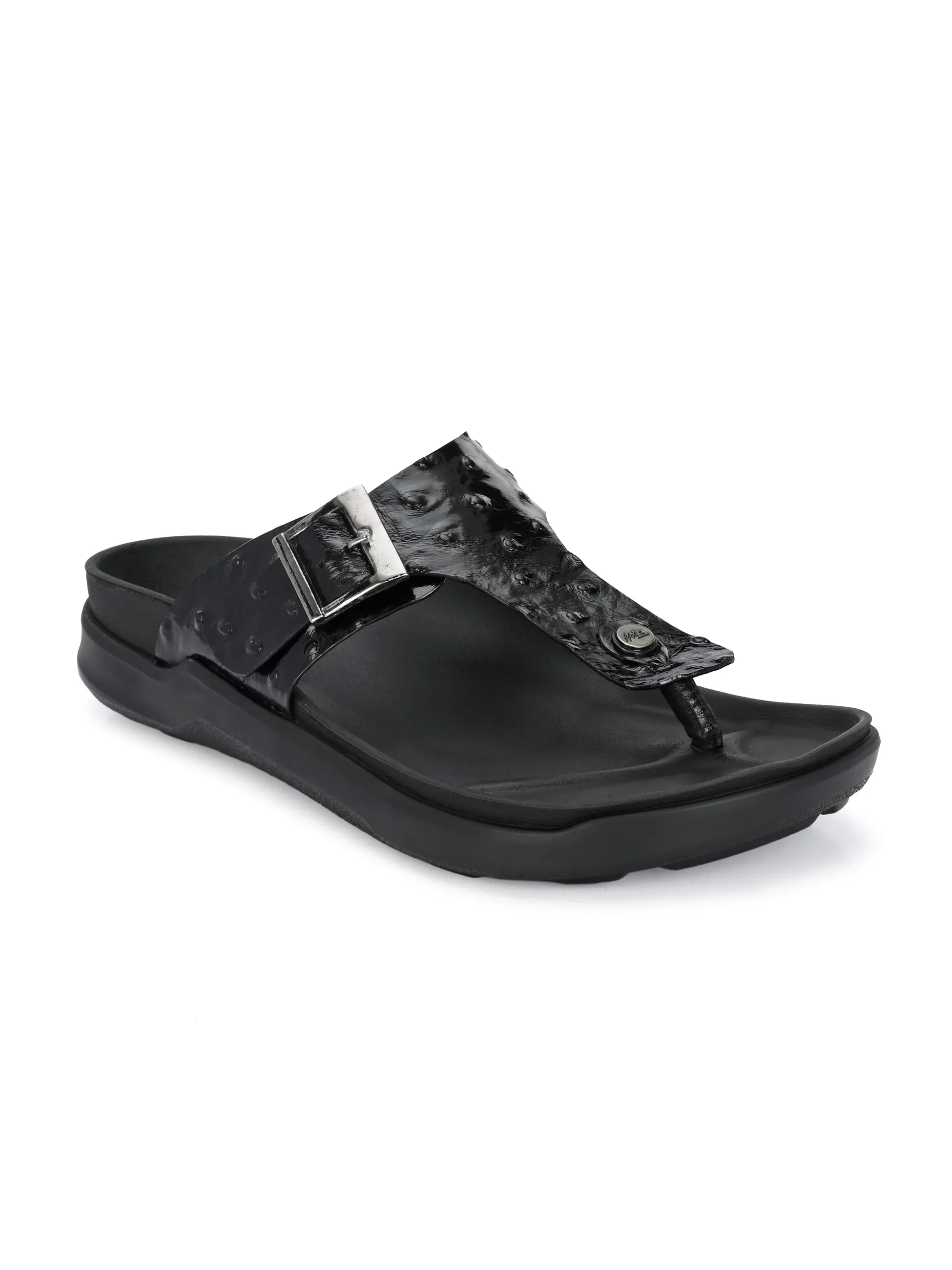 Hitz Men's Black Leather Casual Daily Wear Slipper