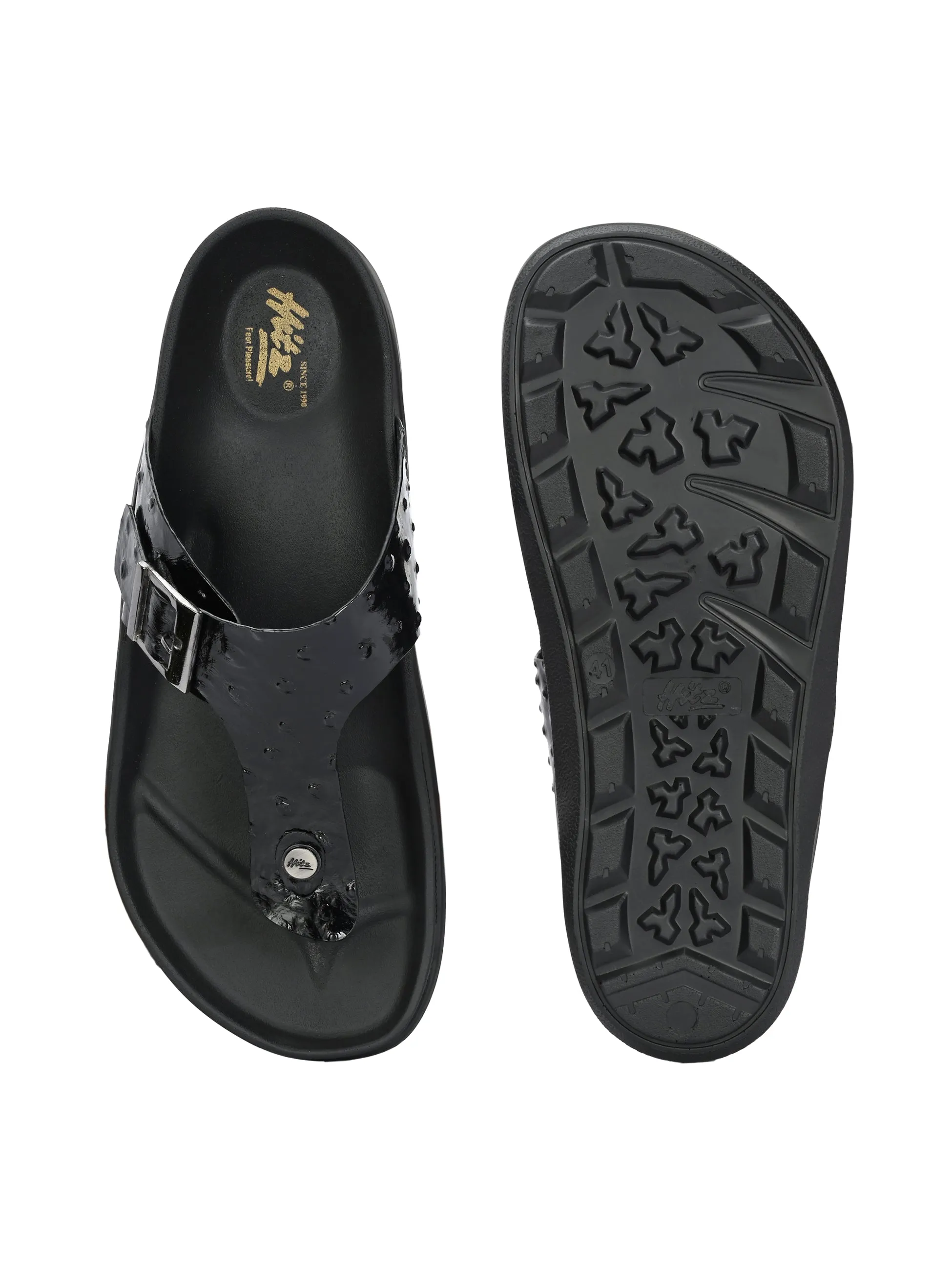 Hitz Men's Black Leather Casual Daily Wear Slipper