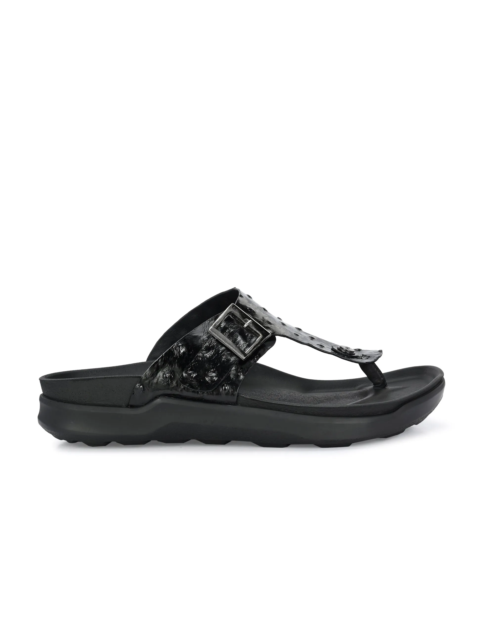 Hitz Men's Black Leather Casual Daily Wear Slipper