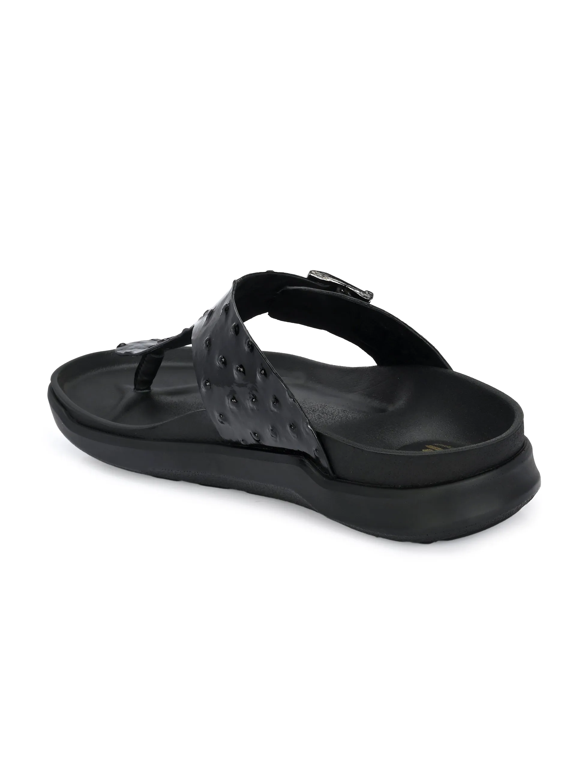 Hitz Men's Black Leather Casual Daily Wear Slipper