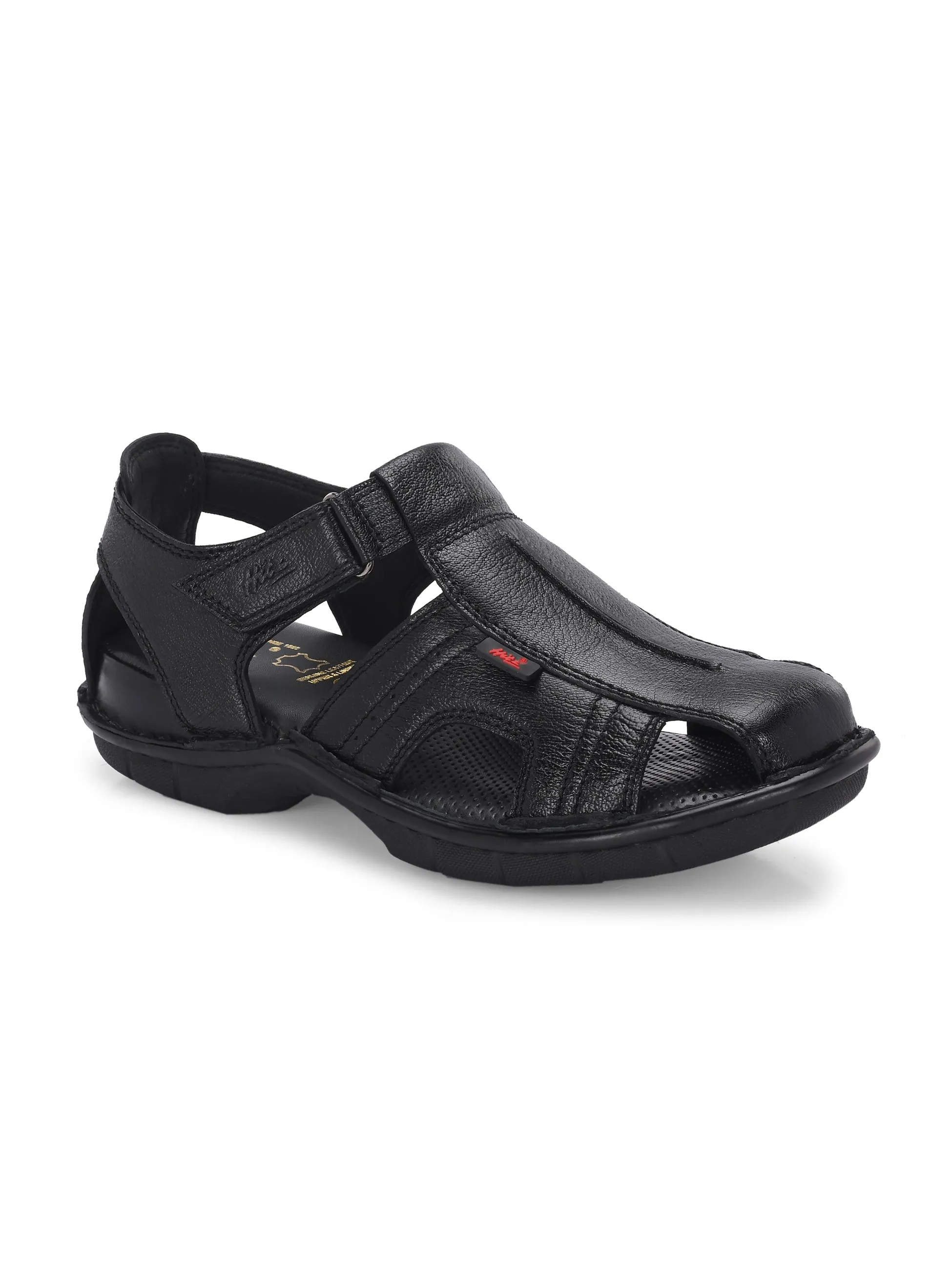 Hitz Men's Black Leather Comfort Sandals with Velcro Closure