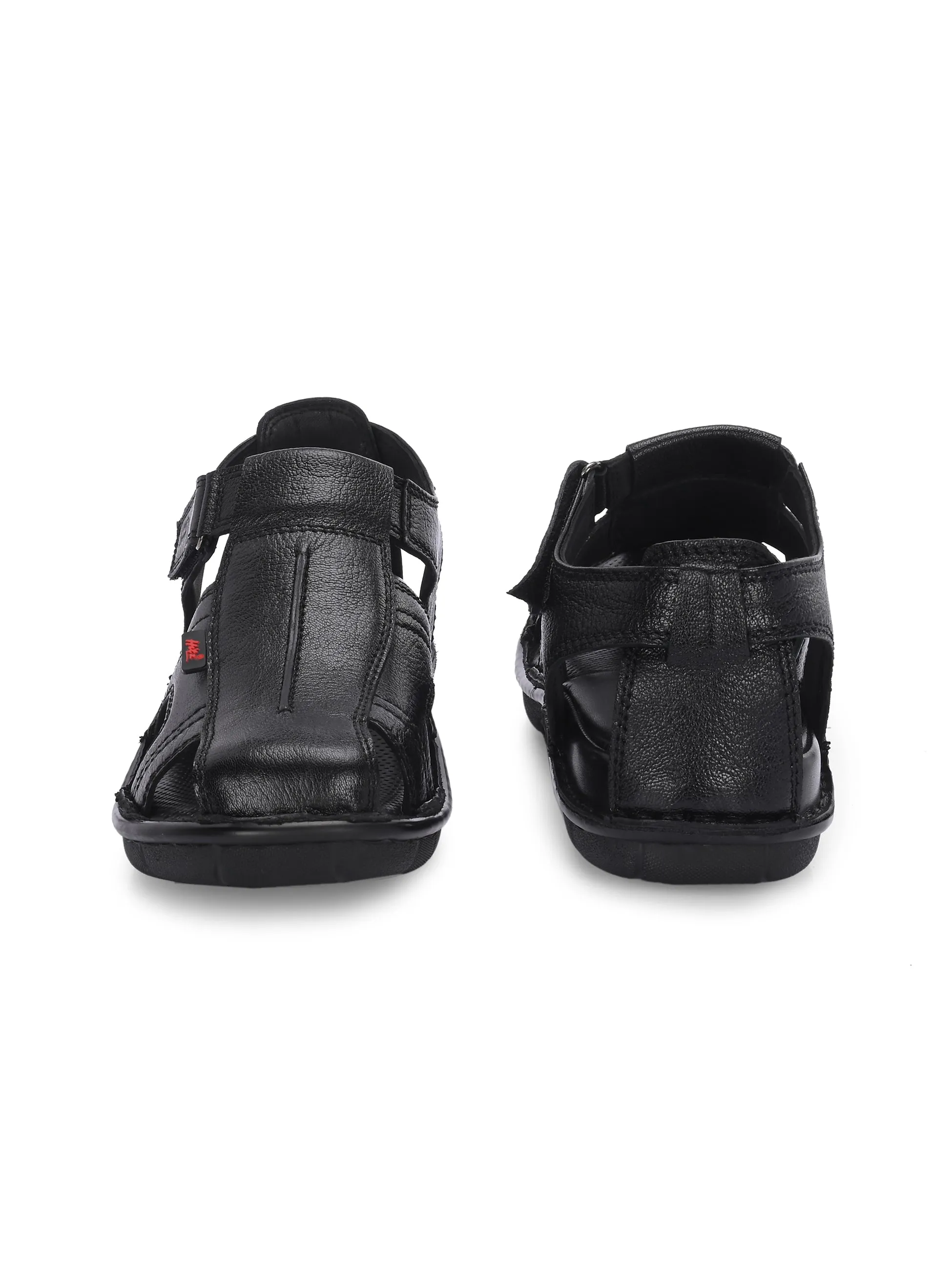 Hitz Men's Black Leather Comfort Sandals with Velcro Closure