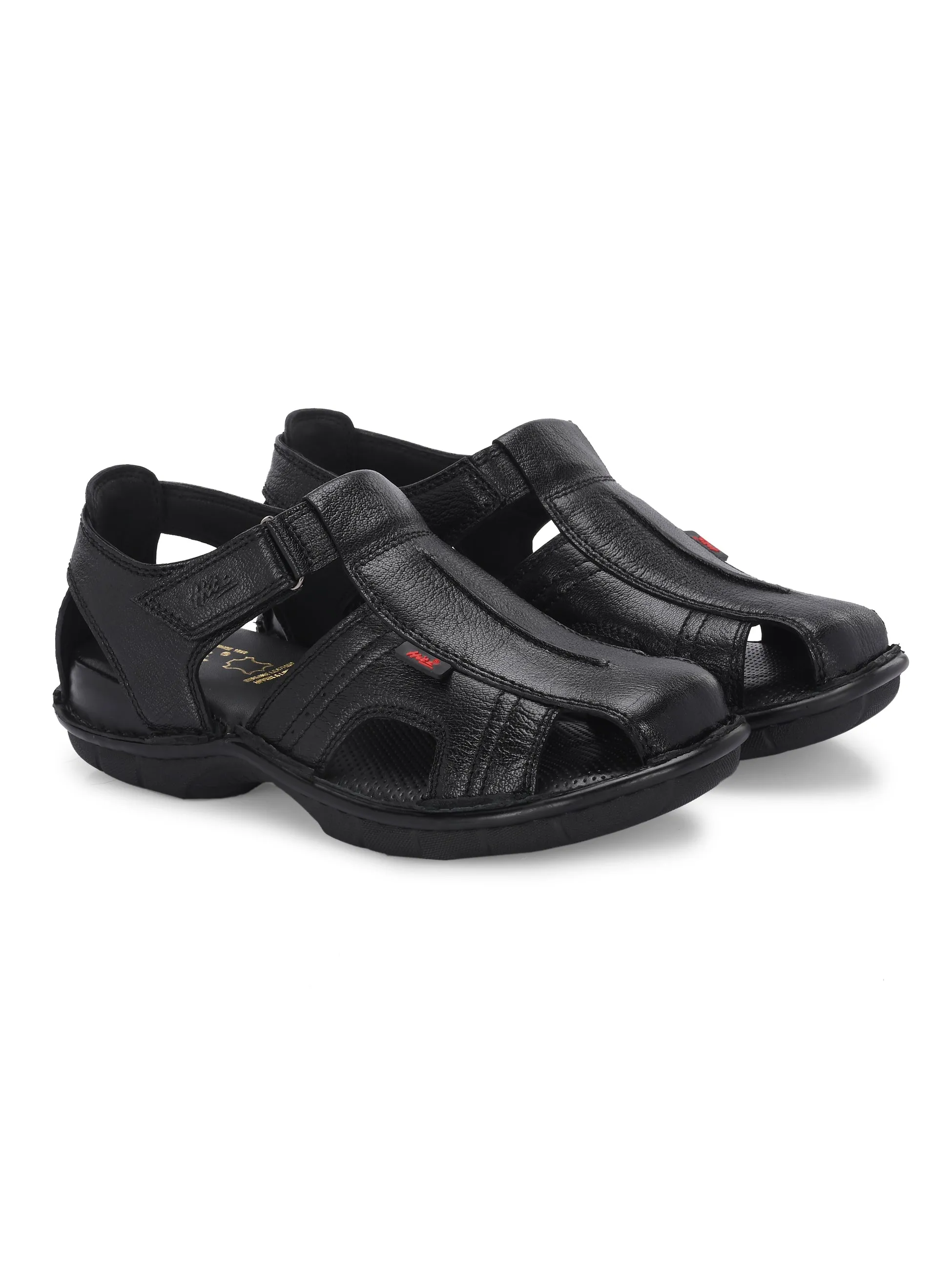 Hitz Men's Black Leather Comfort Sandals with Velcro Closure