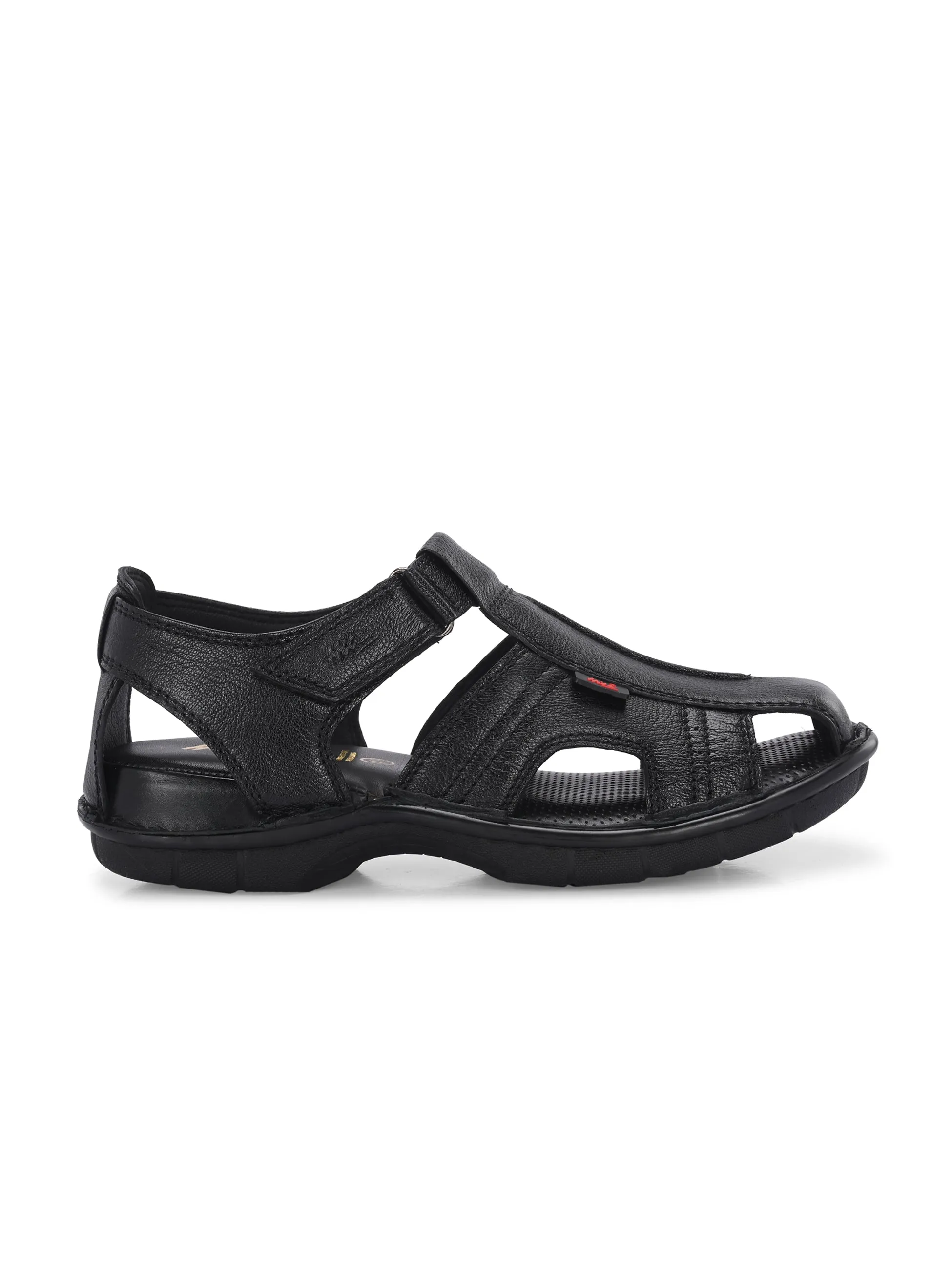 Hitz Men's Black Leather Comfort Sandals with Velcro Closure