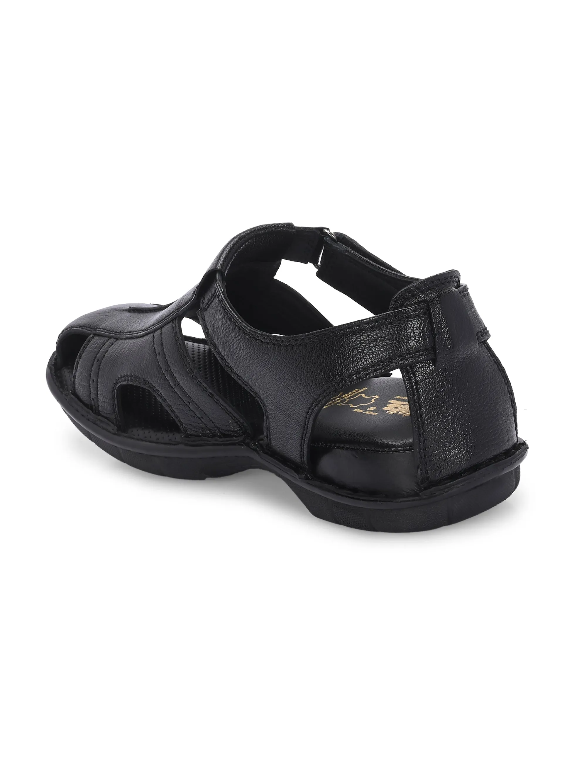 Hitz Men's Black Leather Comfort Sandals with Velcro Closure