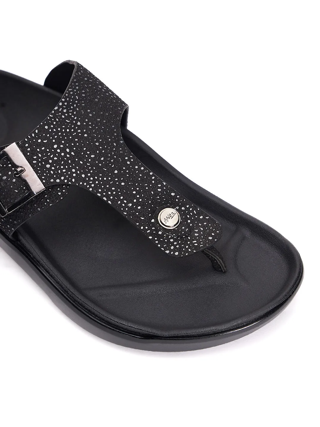 Hitz Men's Black Leather Open Toe Slippers