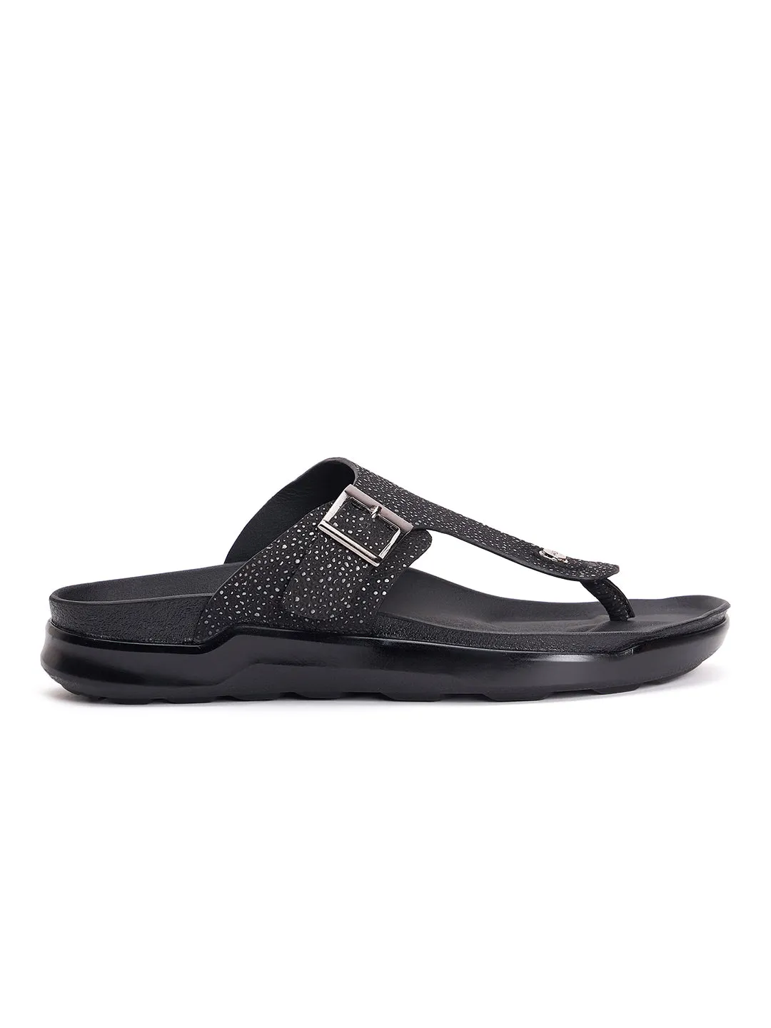 Hitz Men's Black Leather Open Toe Slippers