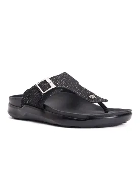 Hitz Men's Black Leather Open Toe Slippers