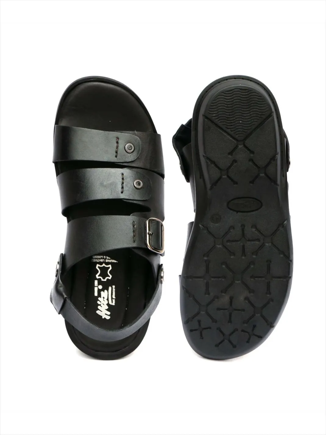 Hitz Men's Black Leather Sandals with Buckle