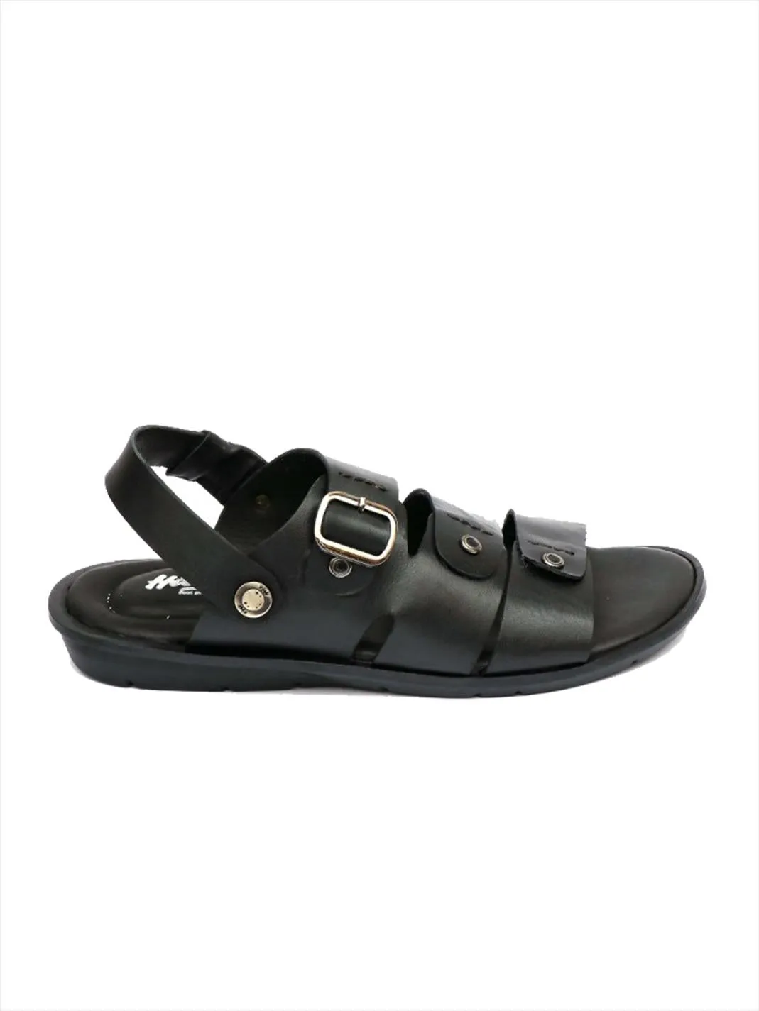 Hitz Men's Black Leather Sandals with Buckle