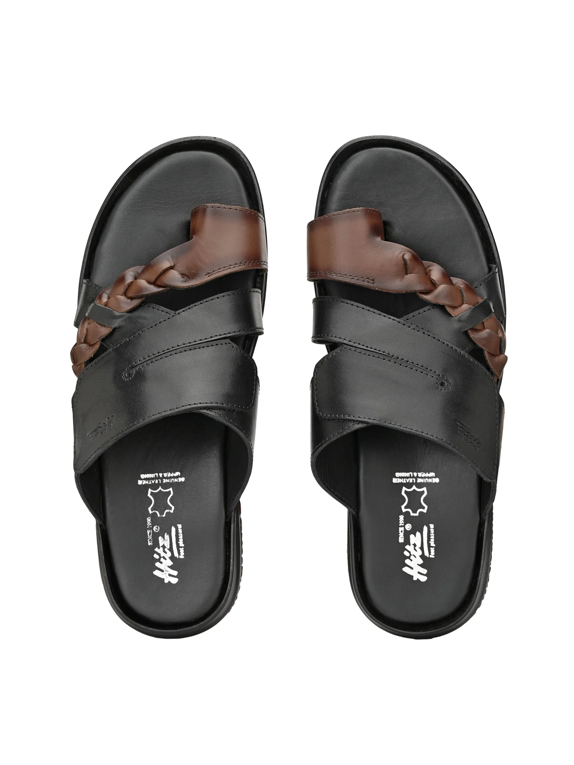 Hitz Men's Black Leather Toe Ring Slippers