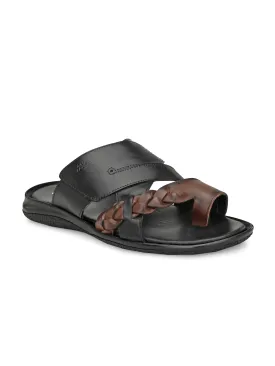 Hitz Men's Black Leather Toe Ring Slippers