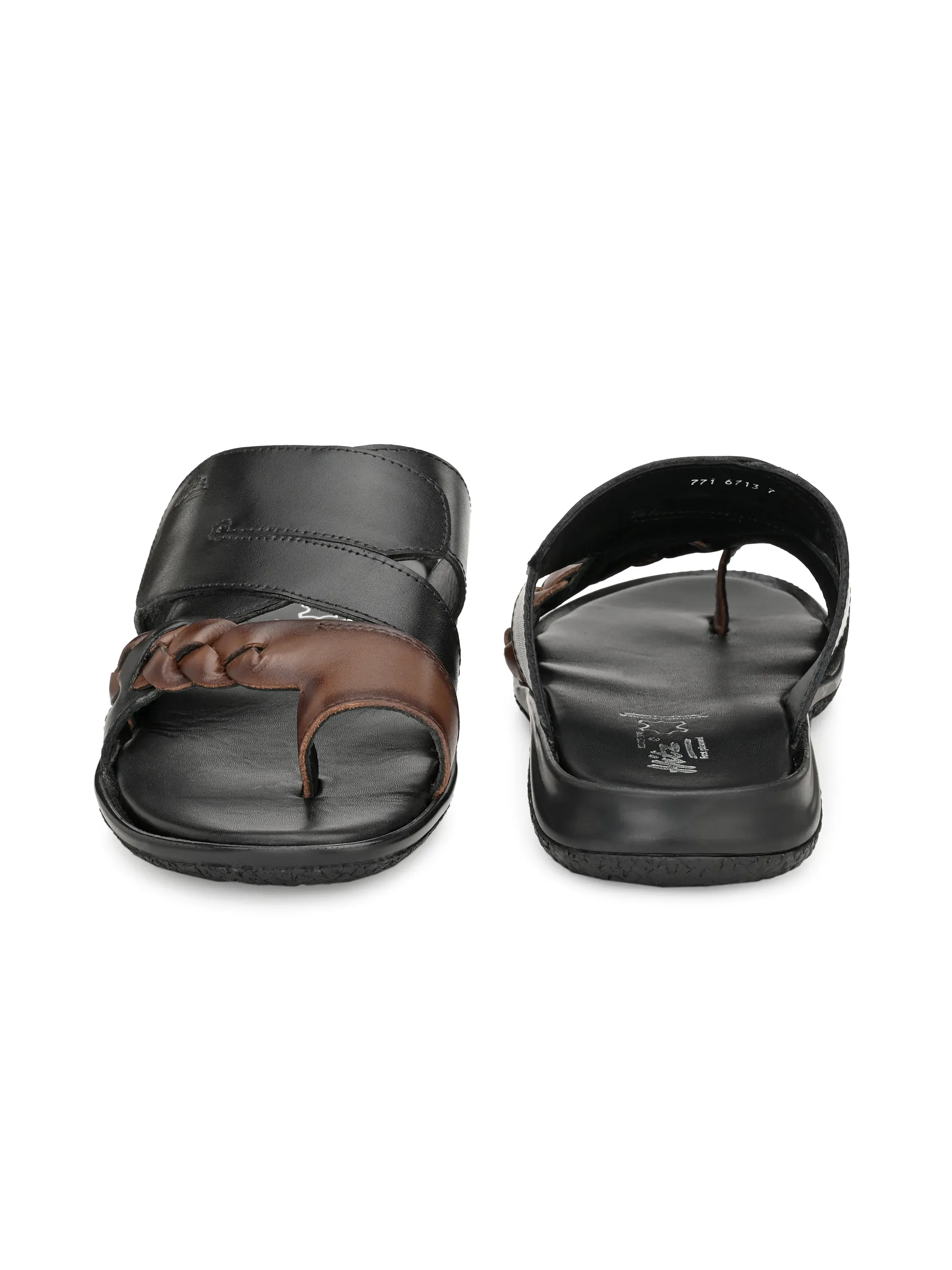 Hitz Men's Black Leather Toe Ring Slippers