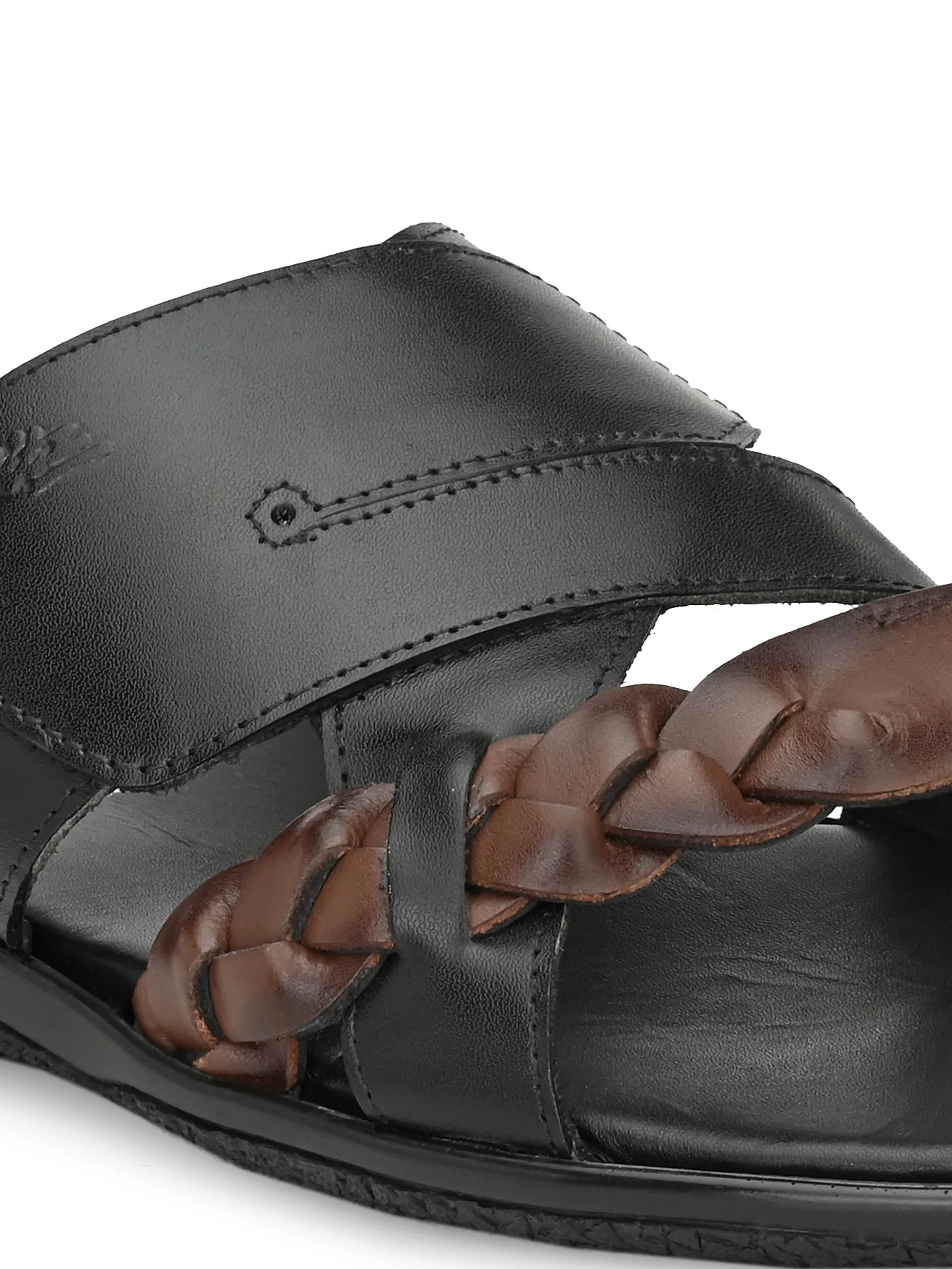 Hitz Men's Black Leather Toe Ring Slippers