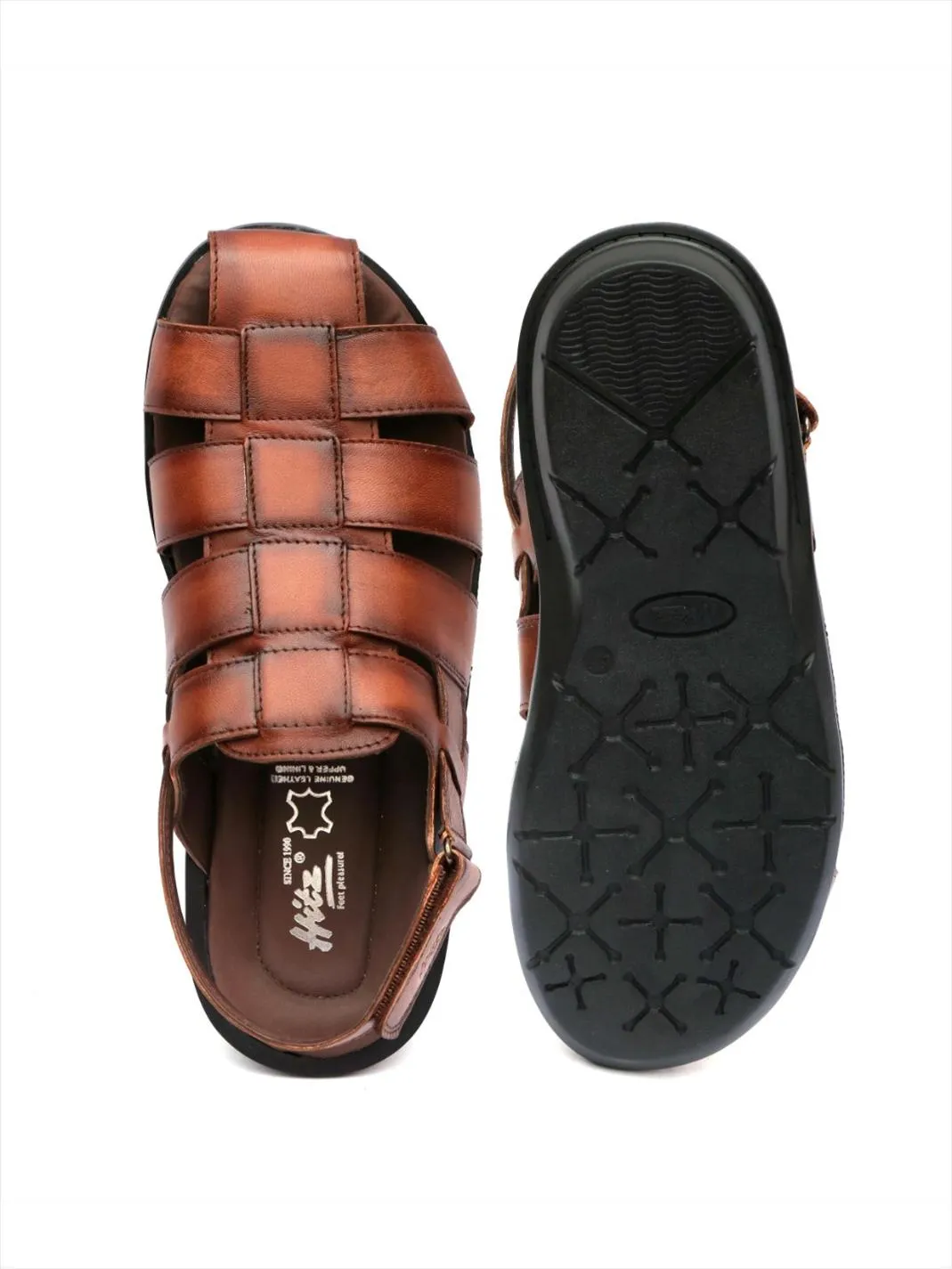 Hitz Men's Brown Leather Sandals with Velcro