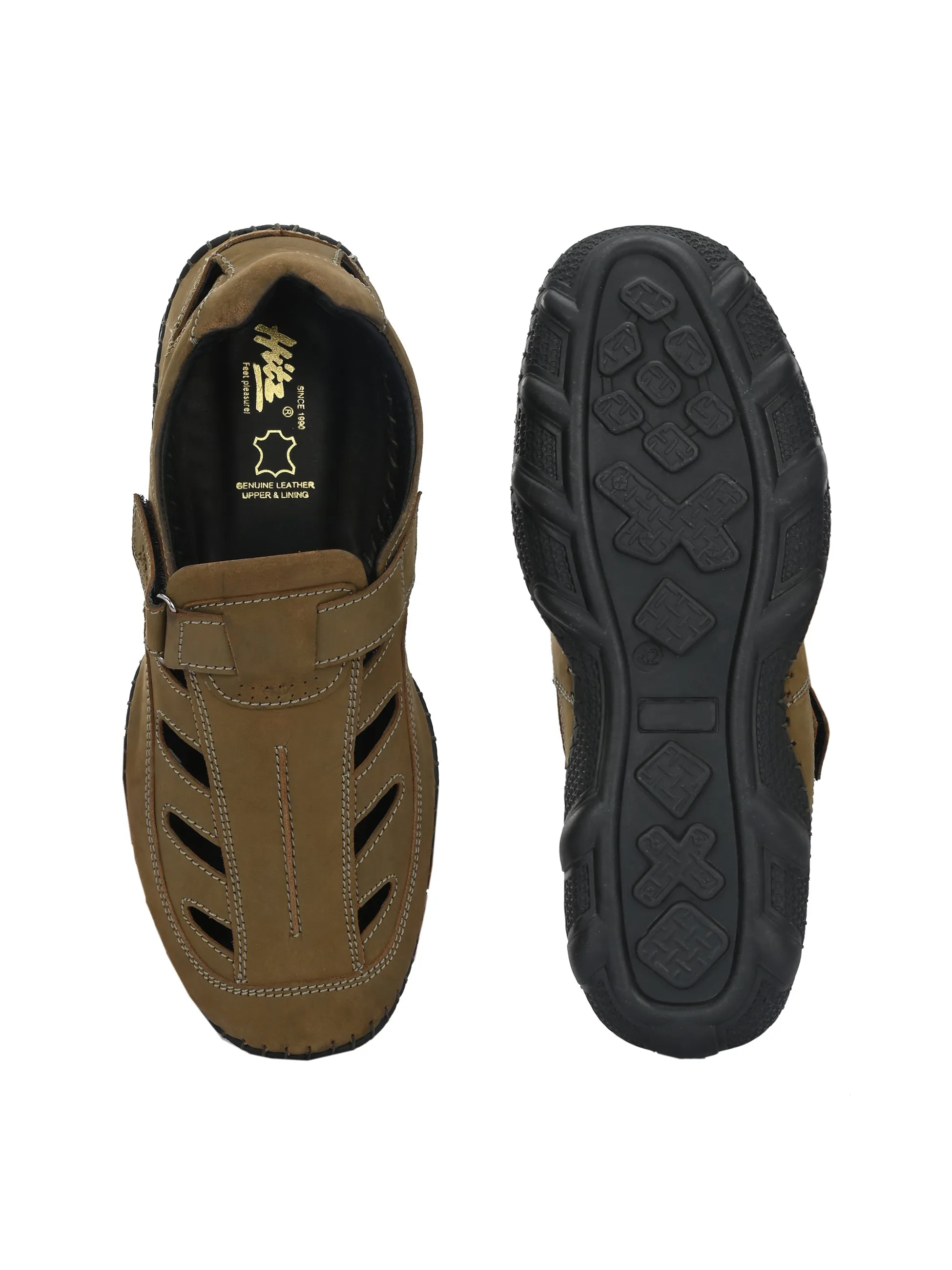 Hitz Men's Cheeku Leather Daily Wear Velcro Sandals