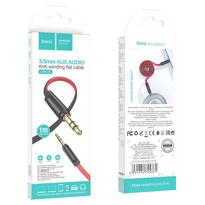 Hoco UPA16 3.5mm AUX Audio Flat Cable - 1m (Red)