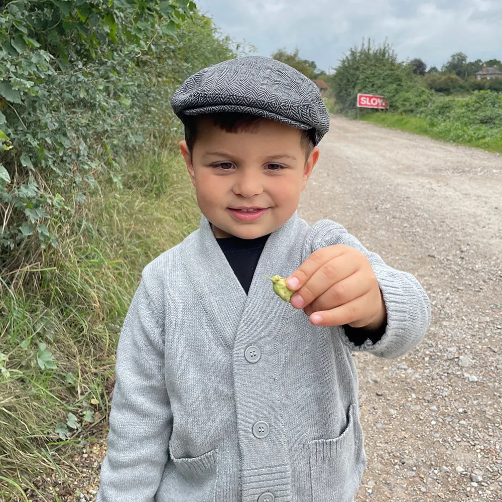 Kids Herringbone Flat Cap - Grey