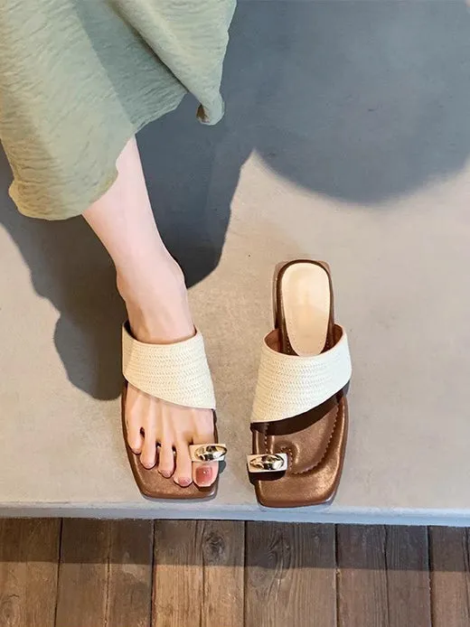 Metal Square Toe Woven Straw Sandals