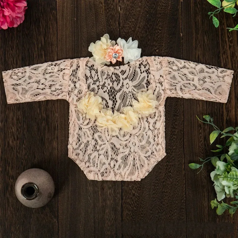 Newborn Baby Photography Props Costume, Lace Romper With Headband, Reborn Baby Lace Romper Photo Prop