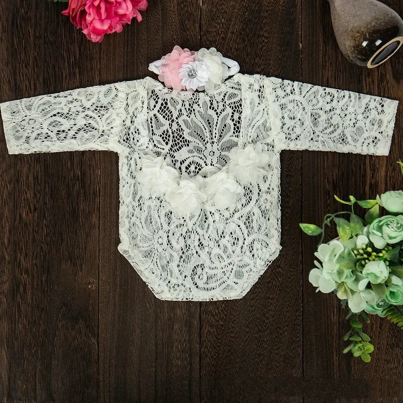 Newborn Baby Photography Props Costume, Lace Romper With Headband, Reborn Baby Lace Romper Photo Prop