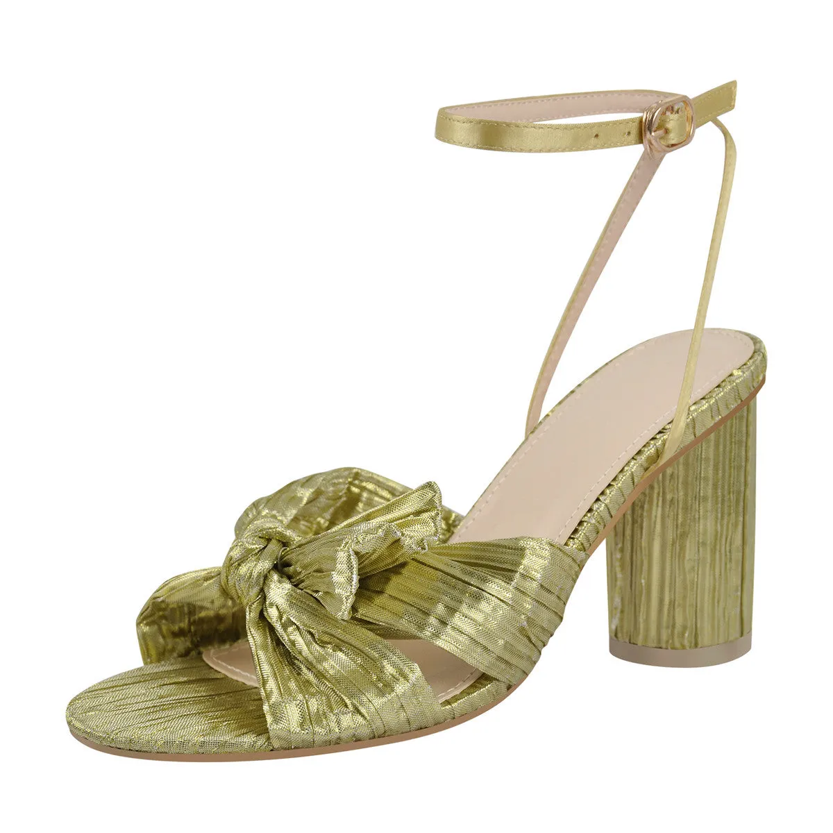 Pleated Bow Cylindrical Chunky Heel Sandals