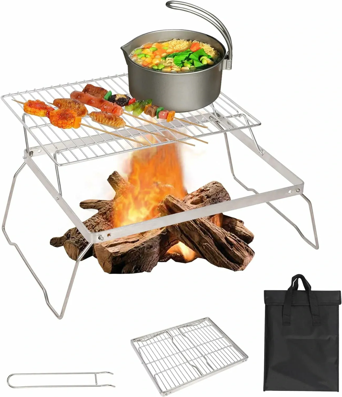 Portable Folding Campfire Grill 304 Stainless Steel Grate with Carrying Bag