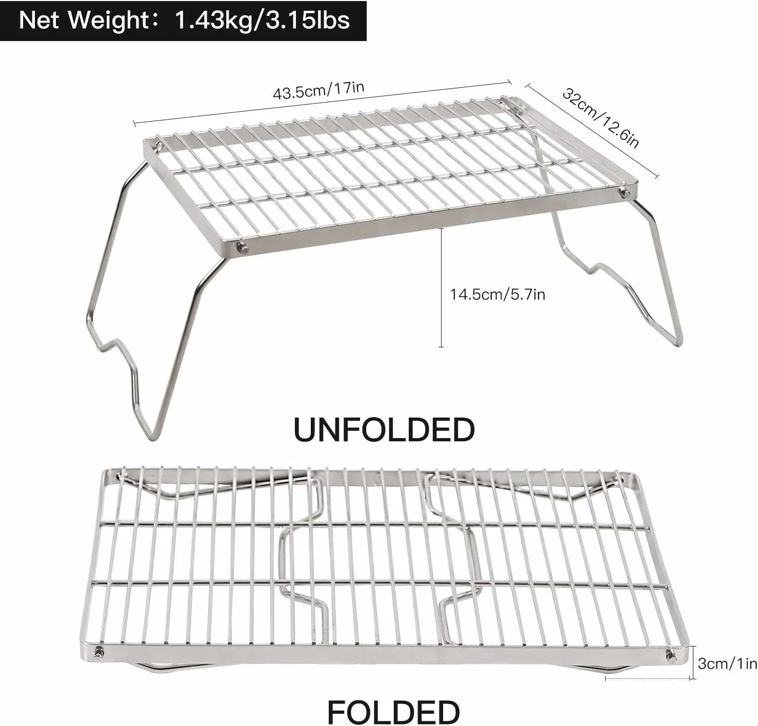 Portable Folding Campfire Grill 304 Stainless Steel Grate with Carrying Bag